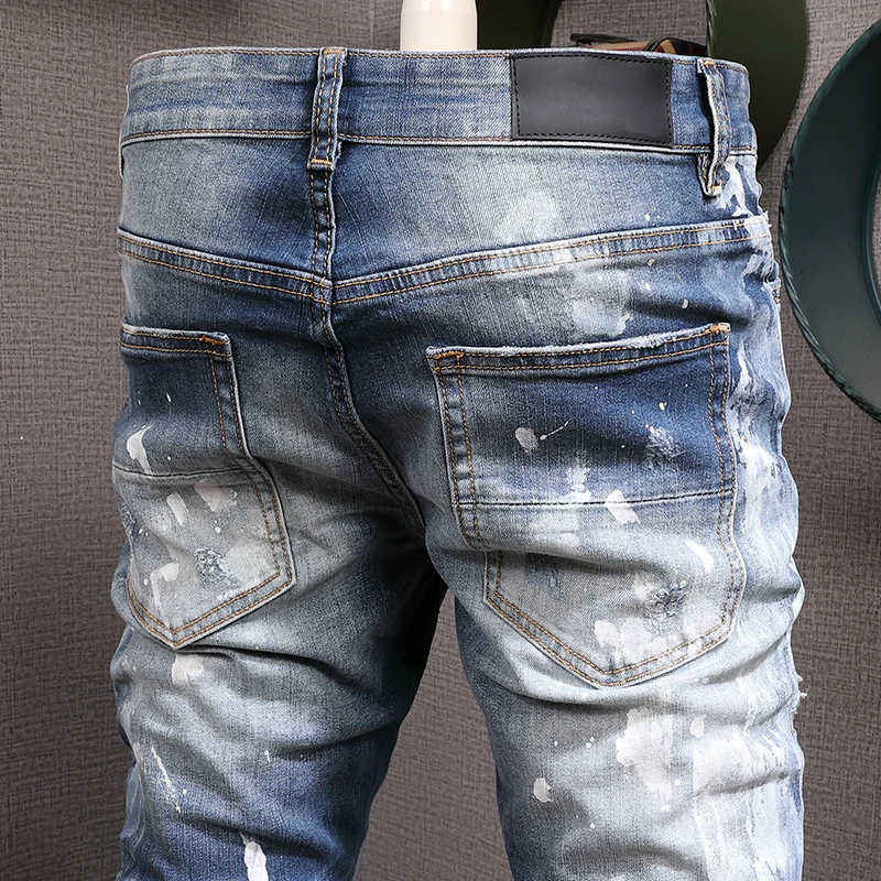 Streetwear Fashion Men Jeans Retro Blue Stretch Elastic Slim Fit Ripped Jeans Men Painted Designer Hip Hop Brand Pants Hombre