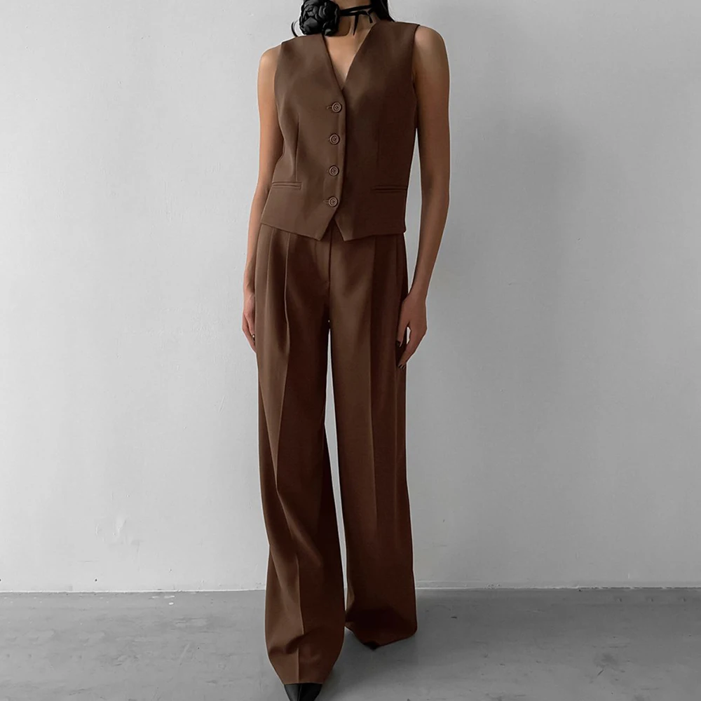 Винтажный коричневый брючный комплект для женщин элегантный офисный женский