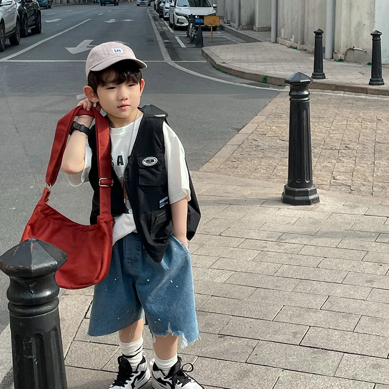 

2022 New Mid Pants Summer Children's Personalized Splash-Ink Jeans Japanese and Korean Style Casual Baby Loose Shorts Western