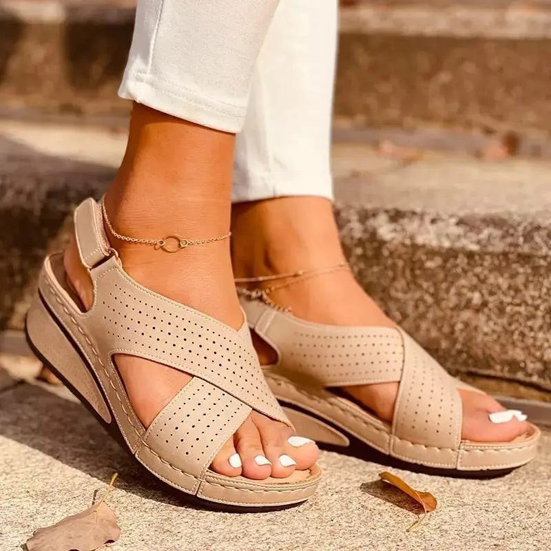 

Women's Sandals BEIGE Sewing Women Casual Wedge Shoes Woman Lady Buckle Strap Hook Loop Soft Platform Female Sandals