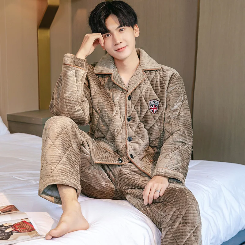 

Зимняя Толстая Пижама с хлопковой подкладкой, теплый фланелевый пижамный комплект, одежда для сна, мужские брюки, размеры до 3XL, Пижамный кос...