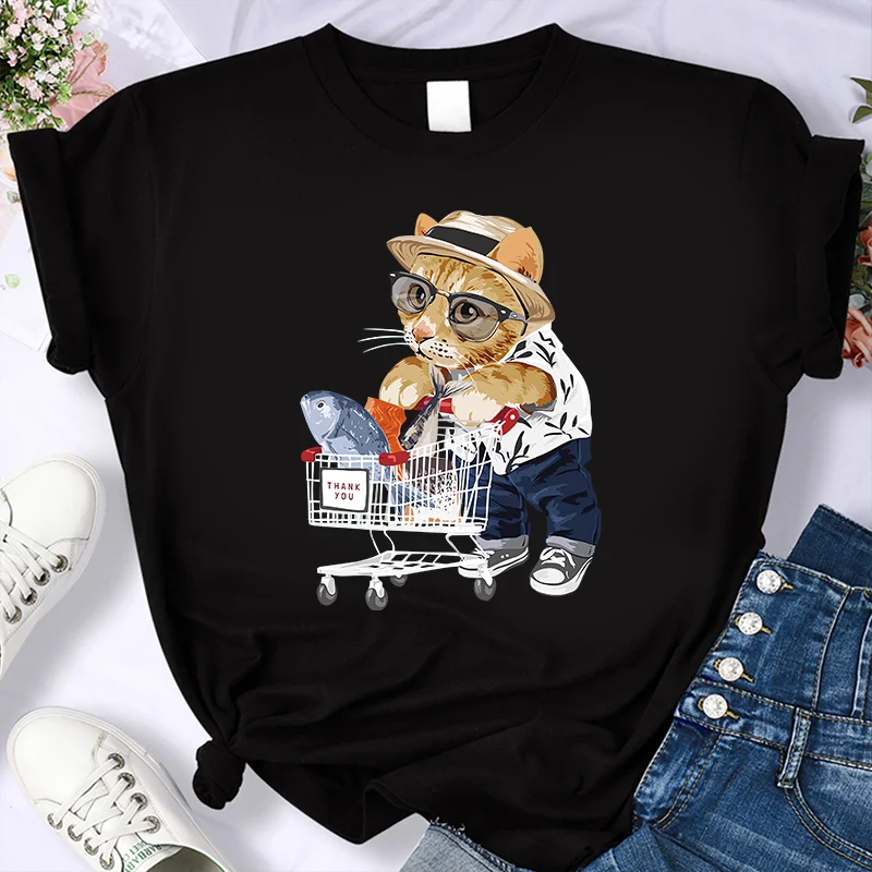 

Newest woman's Summer Shop Cat Print Y2k T-shirt Ladies Short Sleeved Luxury Tees Clothing Loose Pure Cotton Soft Tops S-7XL