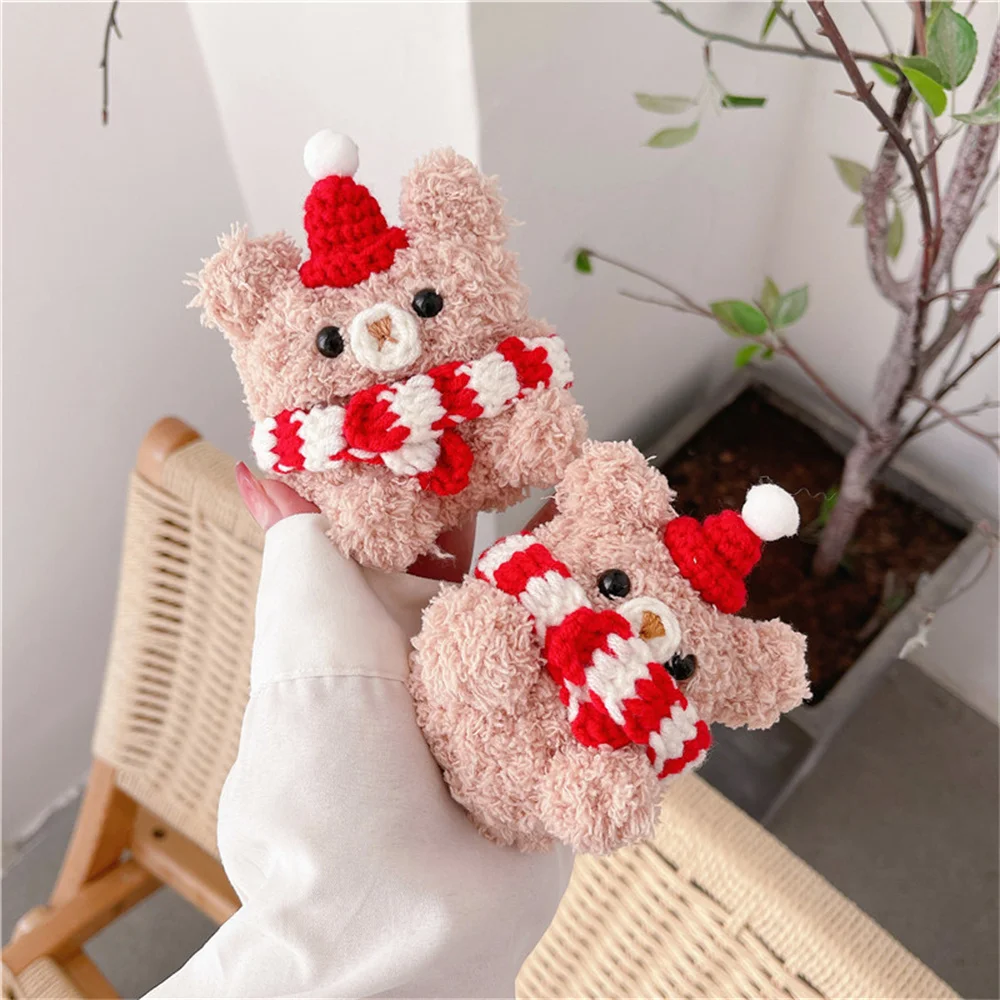 

Cute Cartoon Red Scarf Bear Plush Case for AirPods 1 2 3 Pro Charge Box Soft Wireless Bluetooth Earphone Protect Cover