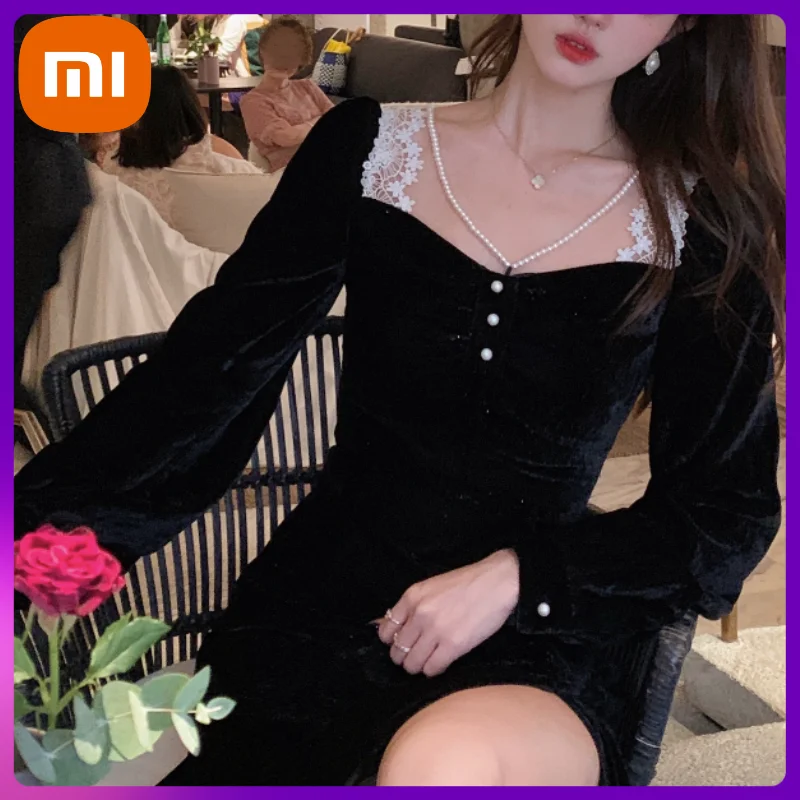 

XIAOMI Autumn Black French Vintage Dress Women Lace Elegant Evening Party Midi Dress Female Temperament Korean Split Dress