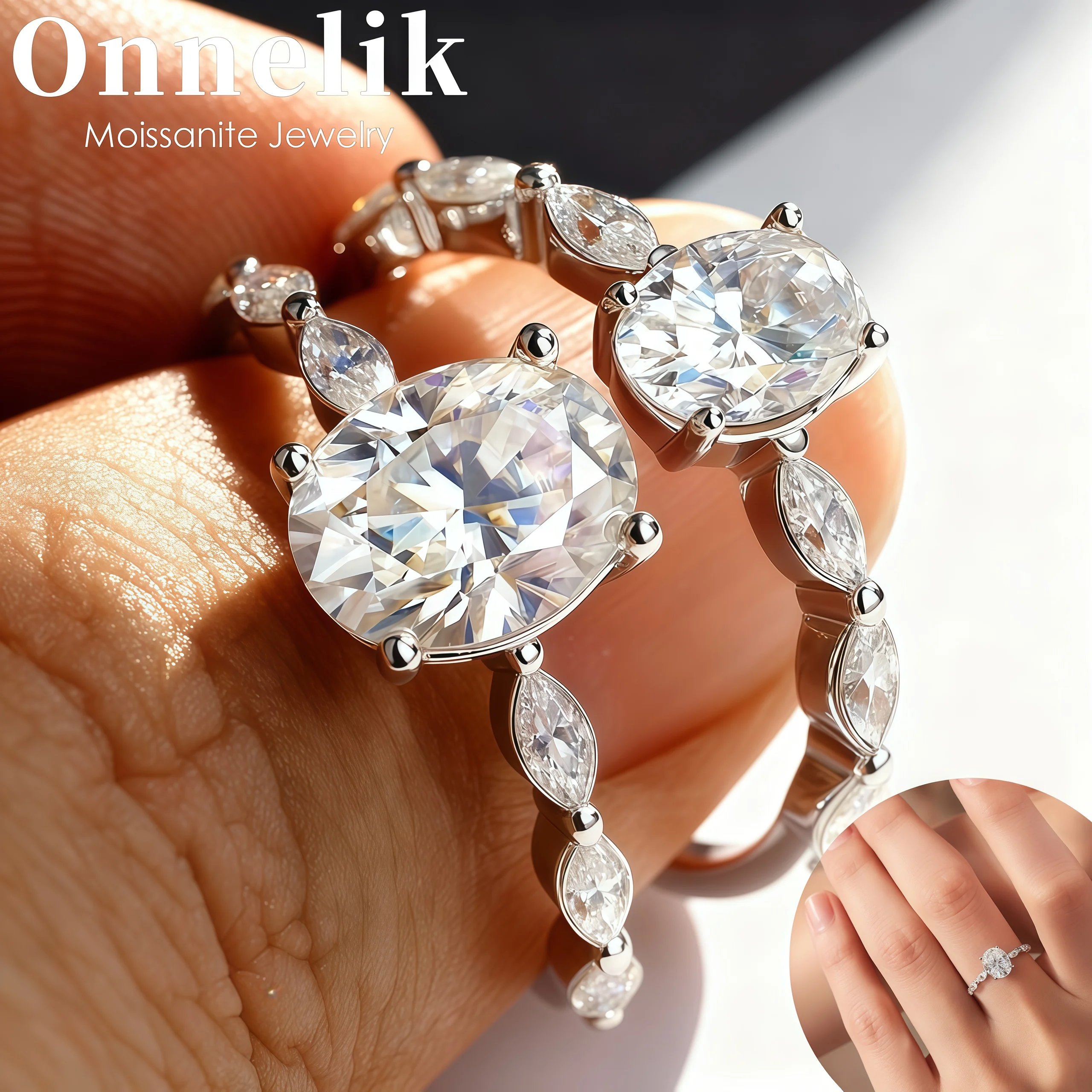 Фото Onnelik 1ct 2ct овальной огранки с полным муассанитом кольца D цвета S925 стерлингового серебра лабораторное кольцо с бриллиантом для женщин свадьба юбилейная вечеринка №1