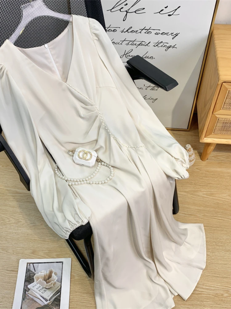 Summer Elegant Dress for Women V Neck Lantern Sleeve Midi High Waist Solid Ruched Minimalist Night Dresses Female Clothing Hot