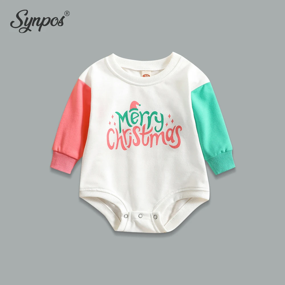 

Synpos Autumn Baby Girls Cotton Merry Christmas Sweet Bodysuit Spring Contrasting Colors Romper Baby Clothing 0-24 Months