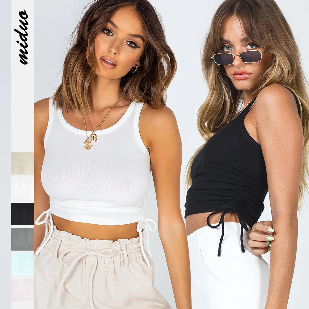 

2022 Summer Women Tank Tops Cami Croset Crop Top Vest with Draw Strings Black White Pink Blue Gray Beige