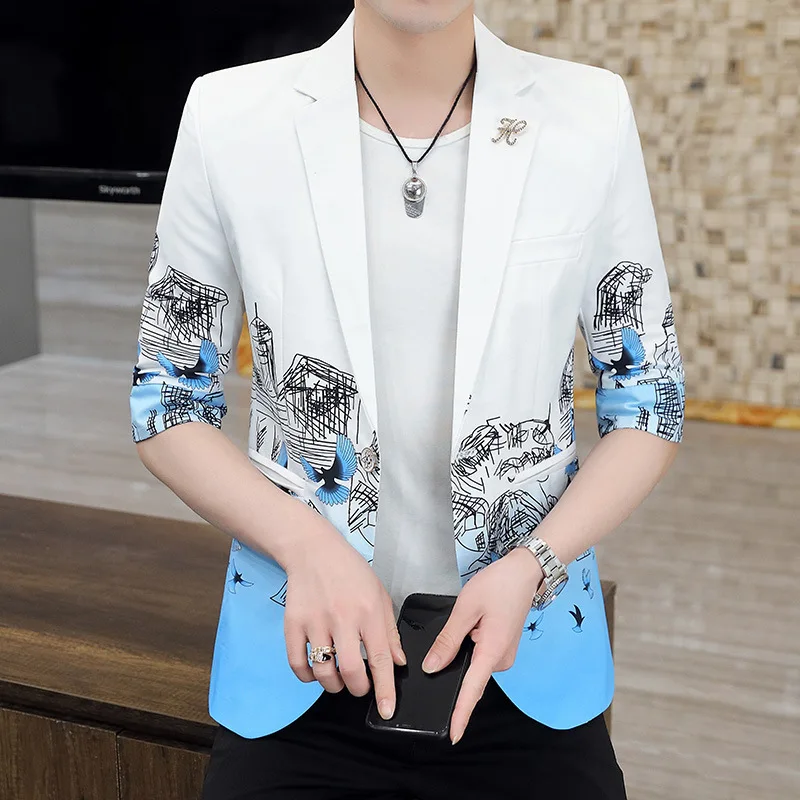 HOO 2022 Men's Middle-Sleeve Floral-Print Suit Youth Chinese Style Ink Painting Summer Sun Protection 3/4 Sleeve   blazers