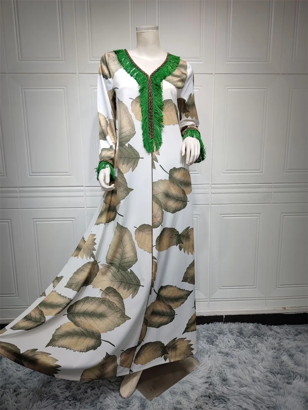 Women Dresses For Prom Leaf Print Diamonds V-Neck Feather Long Sleeve Contrast Color Modest Fashion Dress Ramadan