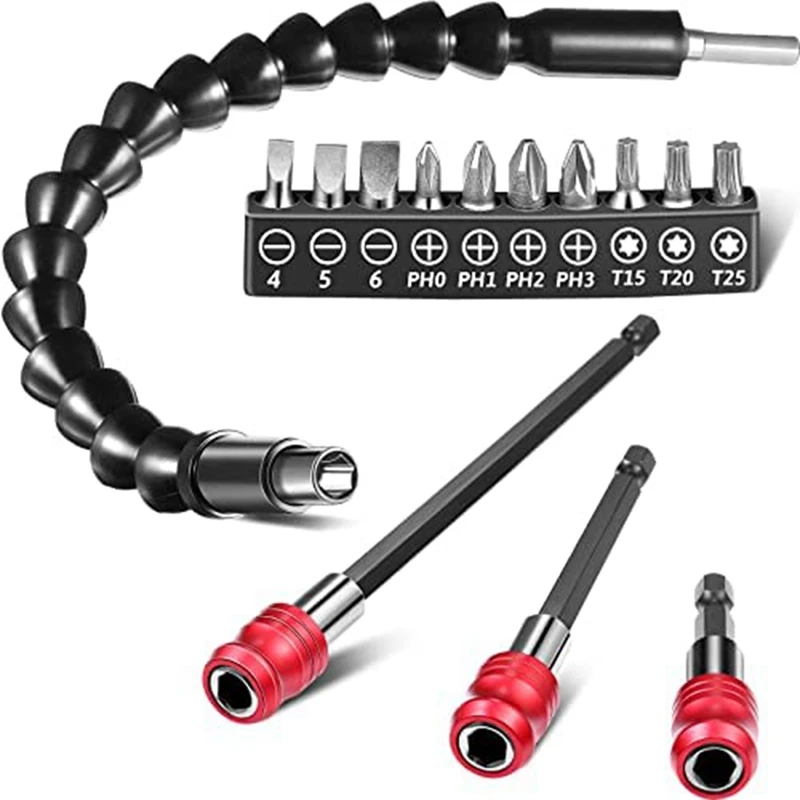 

1Pcs Flexible Drill Bit Extension, 10 Pcs Screwdriver Bit Set, 3Pcs Quick Release Magnetic Drill Bit Holder Tool Kit