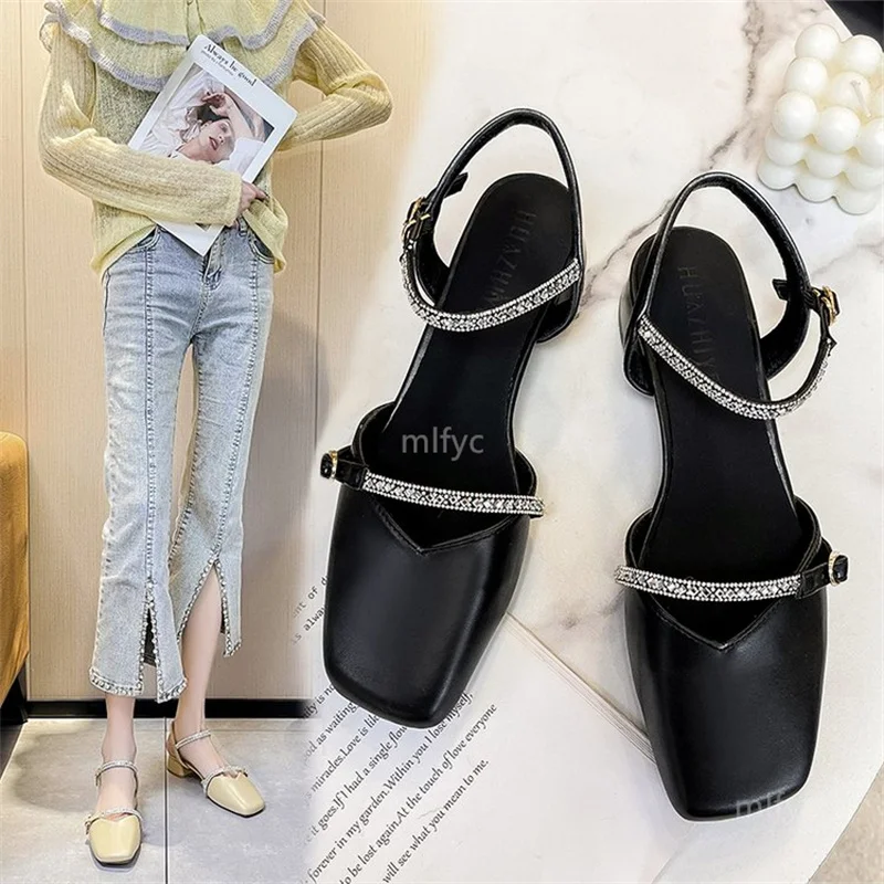 

Женские сандалии с пряжкой на одной линии, новинка весны 2022, Модные женские сандалии в Корейском стиле на толстом каблуке, на высоком каблук...