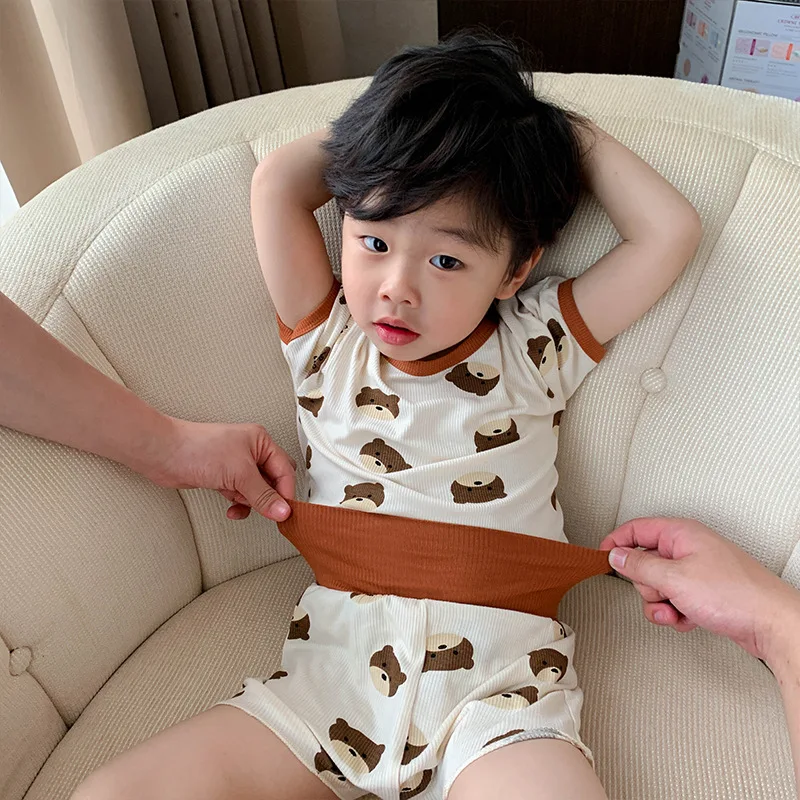 

Cute Bear Full Printed Pajamas Sets Baby Boys Casual Thin Short Sleeve Tees Suits For 0-4Years Child New Cartoon 2pcs Home Wear