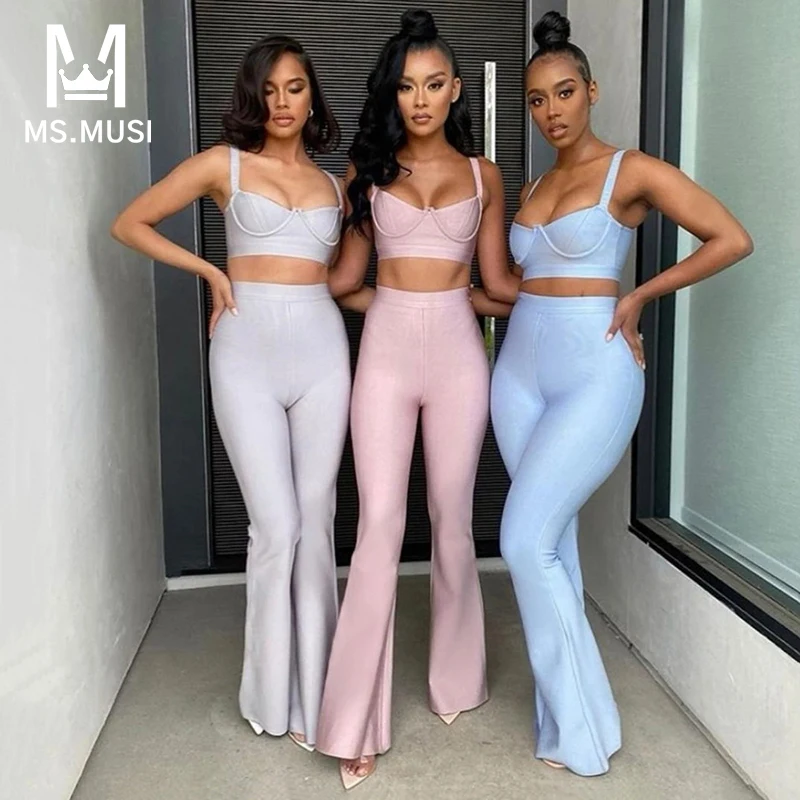 MSMUSI 2022 New Fashion Women Sexy Bandage Two Piece Set Bodycon Party Strap Sleeveless Short Top Vest Tank Flared Long Pant Set