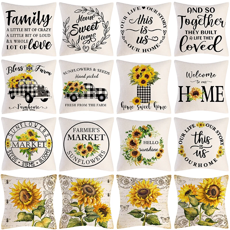 

Sunflower Truck Plaid Printed Pillow Cover 18x18 Inch Spring Summer Home Decor Cushion Cover Square Linen Pillowcase for Couch
