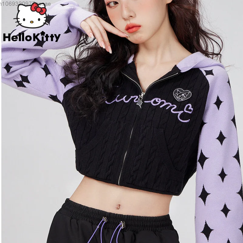 

Sanrio Kuromi Cinnamoroll Cartoon Short Zippered Hooded Hoodies Women Jacket Sexy Embroidery Academy Style Autumn Slim Versatile