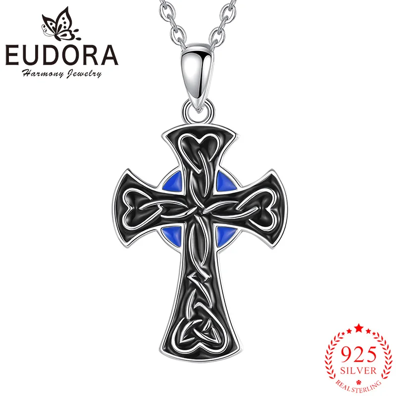 

Eudora 925 Sterling Silver Celtic Cross Necklace Blue Circular Punk Style Pendant Men Women Gothic Fashion Jewelry Party Gift