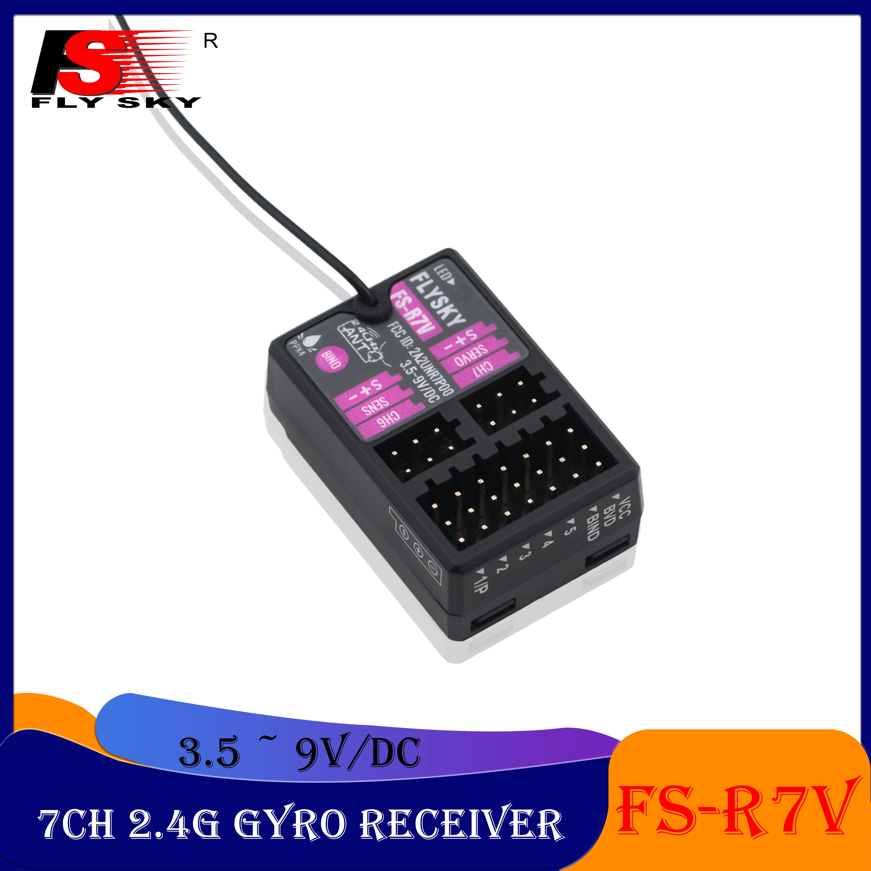 FLYSKY 7CH Gyro Receiver FS-R7V 2.4G 3.5 ~ 9V/DC ANT Single Antenna PWM for RC Model Cars Boats Transmitter FS-G7P Accessories