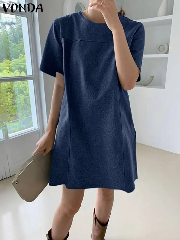

VONDA Casual Fashion Women Denim Dress Short Sleeve Pleated Casual Party Shirt Robe Solid Holiday Short A-Line Sundress Oversize