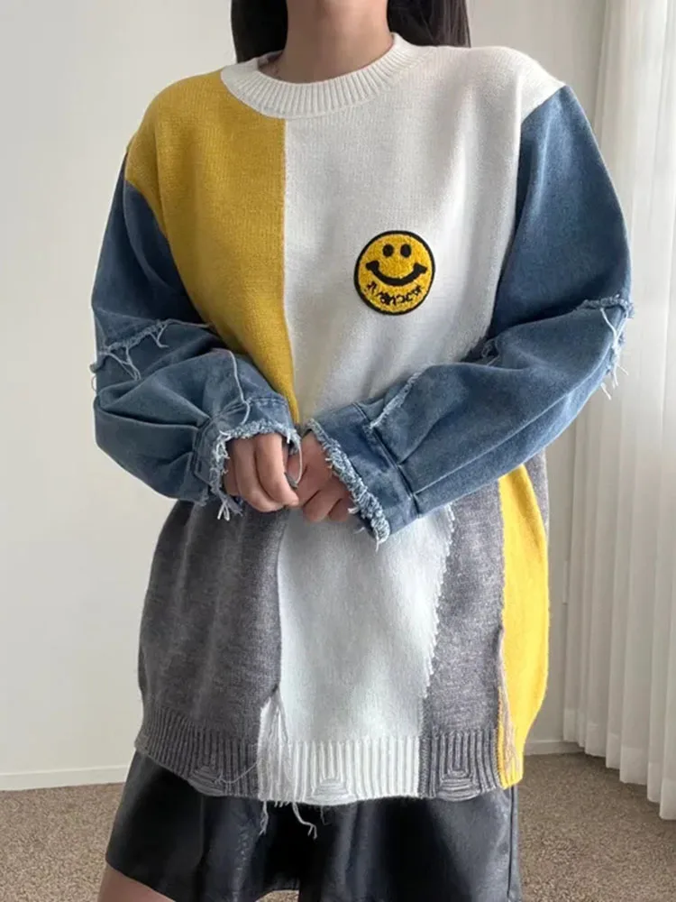 

Women Autumn Winter Sweater Korean Version Denim Patchwork Tassel Sweater with Loose and Lazy Style Thickened Top D4689