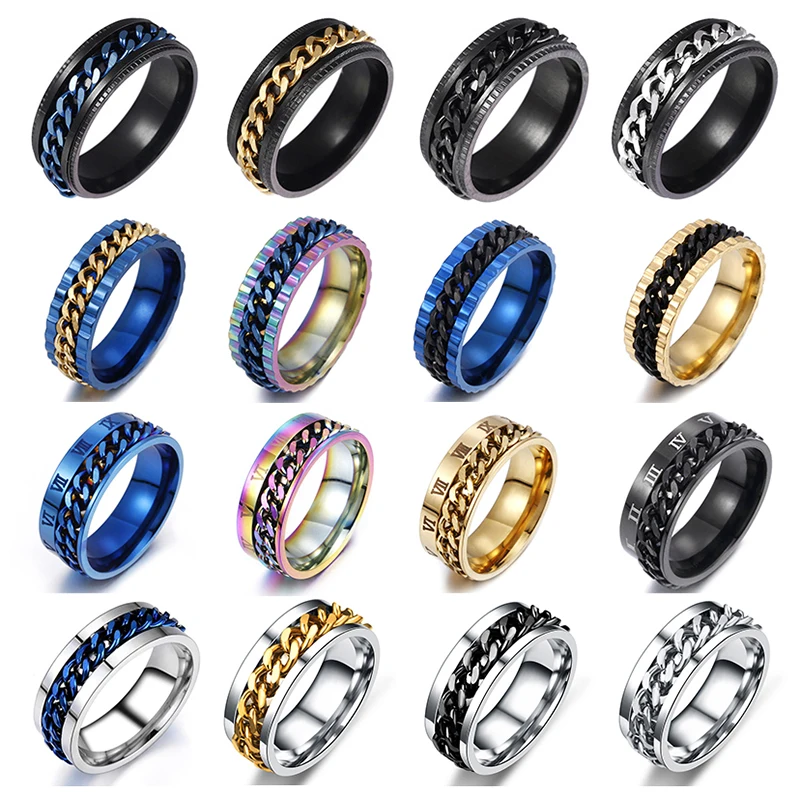 

YWSHK 8mm Stainless Steel Black Blue Spinner Rotatable Chain Rings for Men Women Charm Wedding Band Custom Engrave Name Gift