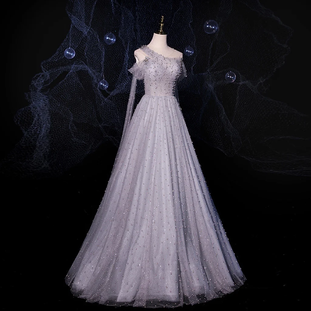 

Роскошные платья с жемчугом в стиле знаменитостей, фатиновое платье без рукавов с открытыми плечами, фиолетовое вечернее платье для вечеринки, выпускного вечера