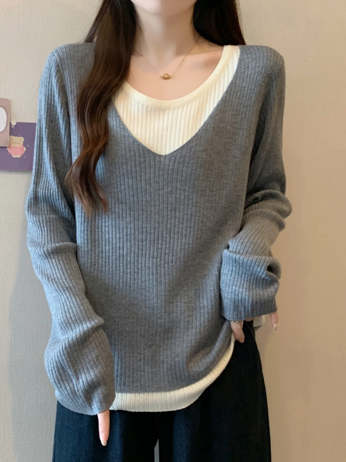 Женская одежда больших размеров Maillard Coffee Color Fake Two Pieces V-образный вырез с длинными