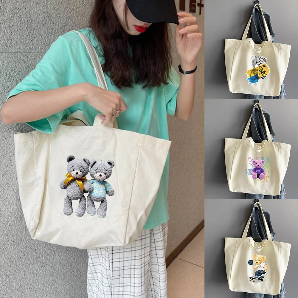 

Tote Bags for Women Canvas New Luxury Handbags Shopping Bag Bear Printed Reusable Canvas Designer Shopper Pack Grocery Organizer