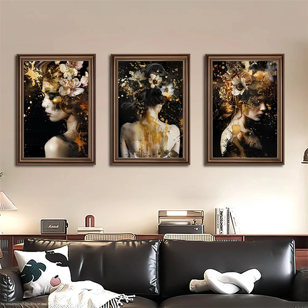 Черное золото цветочные женские постеры и принты женский портрет холст картина