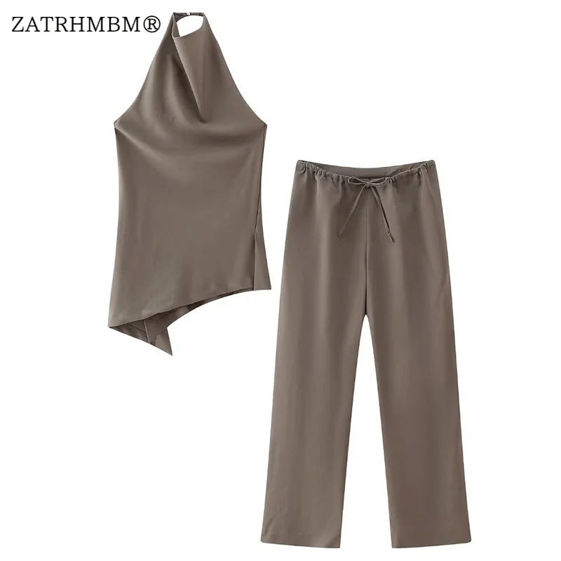 

ZATRHMBM 2023 Women's Sets Asymmetrical Halter Neck Top And Straight High Waist Trousers Set Chic Youth Vacation Fashion Suit