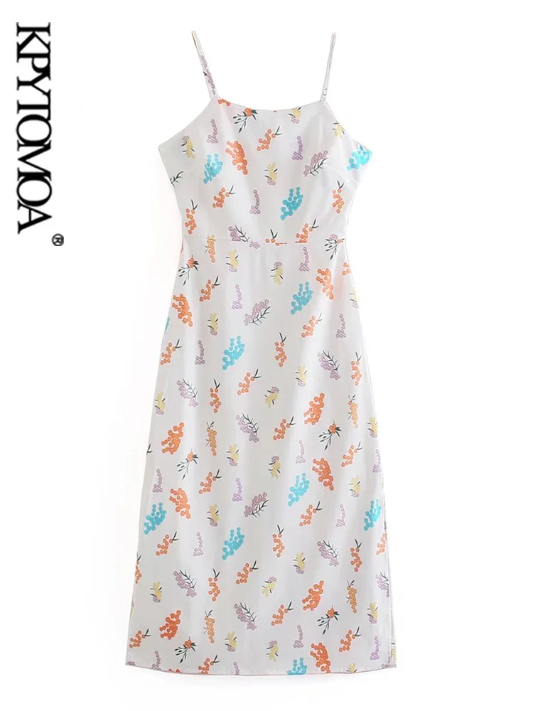 

KPYTOMOA Women Fashion Printed Midi Dress Vintage Side Zipper Thin Straps Female Dresses Vestidos Mujer
