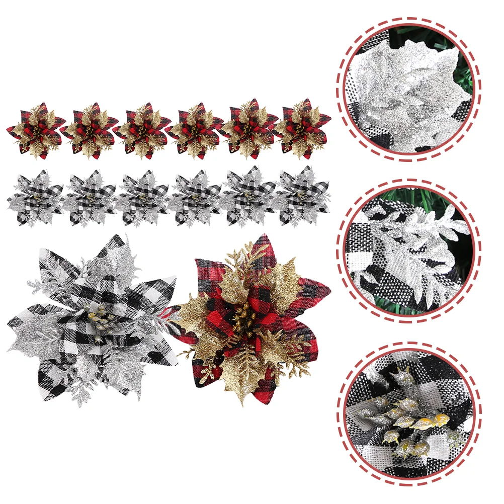 

Christmas Flowers Poinsettia Buffalo Plaid Flower Poinsettias Artificial Tree Glitter Wreath Ornamentsdecorations Picks Fake