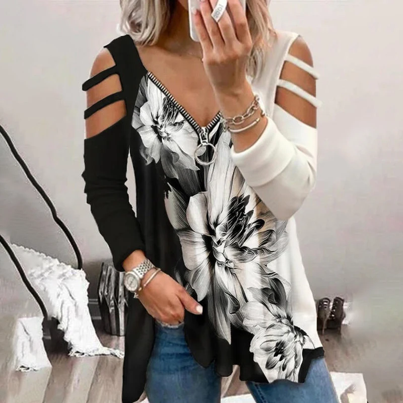

New Plus Size Colorblock Zip Neckline Long Sleeve Hollow Out Women's Flower Print V-Neck Loose Casual T-Shirt Fashion Ladies Top