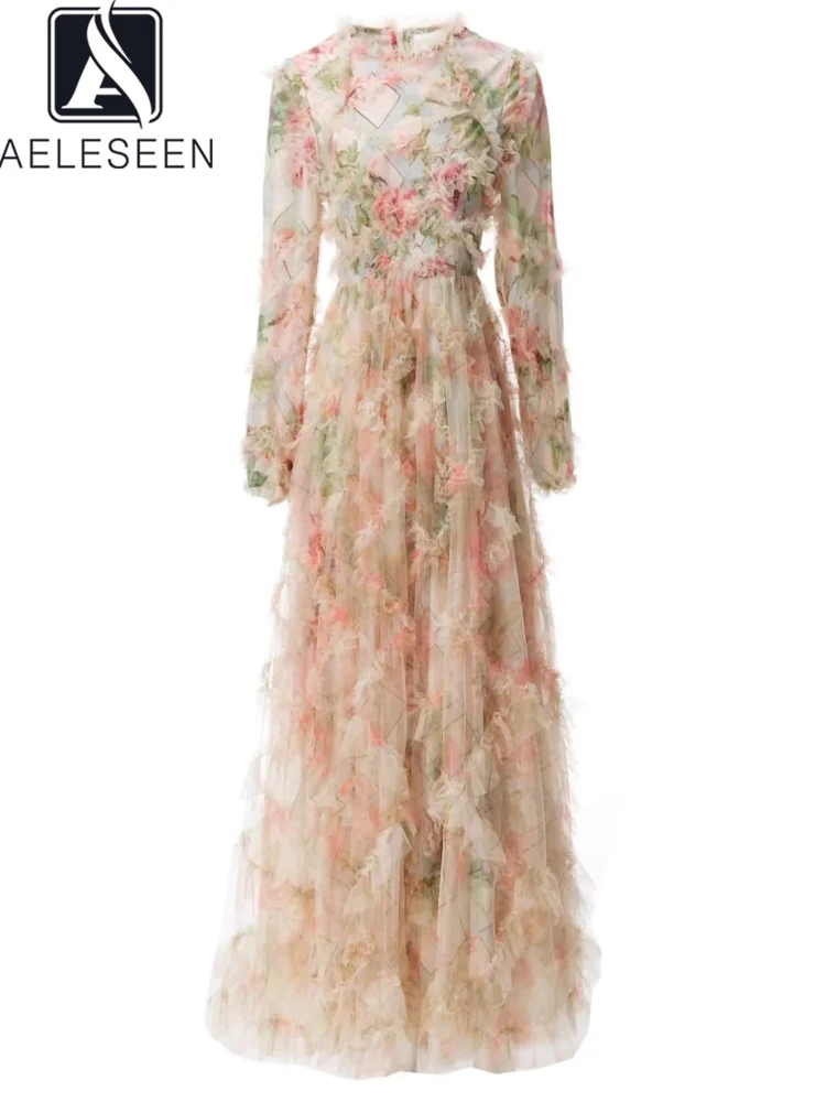 AELESEEN Designer Fashion Women Folds Summer Dress Flower Print 3D Ruffles Big Swing Maxi Party Elegant Tulle Layered