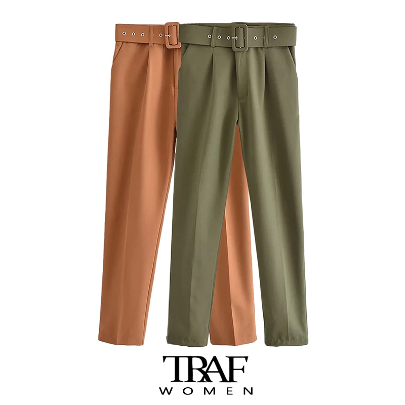 

TRAF Za Women Fashion Side Pockets Office Wear Pants Vintage High Waist Zipper Fly Female Trousers Mujer