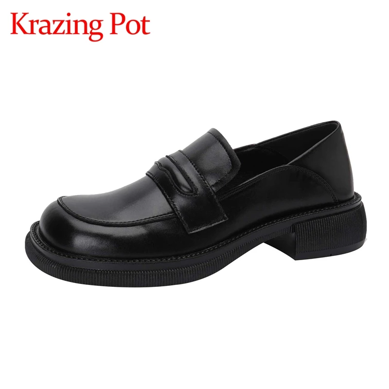 

Krazing pot large size genuine leather round toe med heel loafers British style neutral young lady daily wear women pumps L9f1