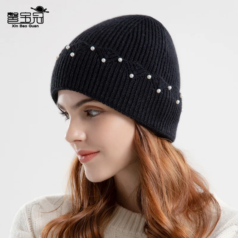 European and American beanie autumn and winter Korean version fashion pearl pullover hat cold insulation ear protection knit hat