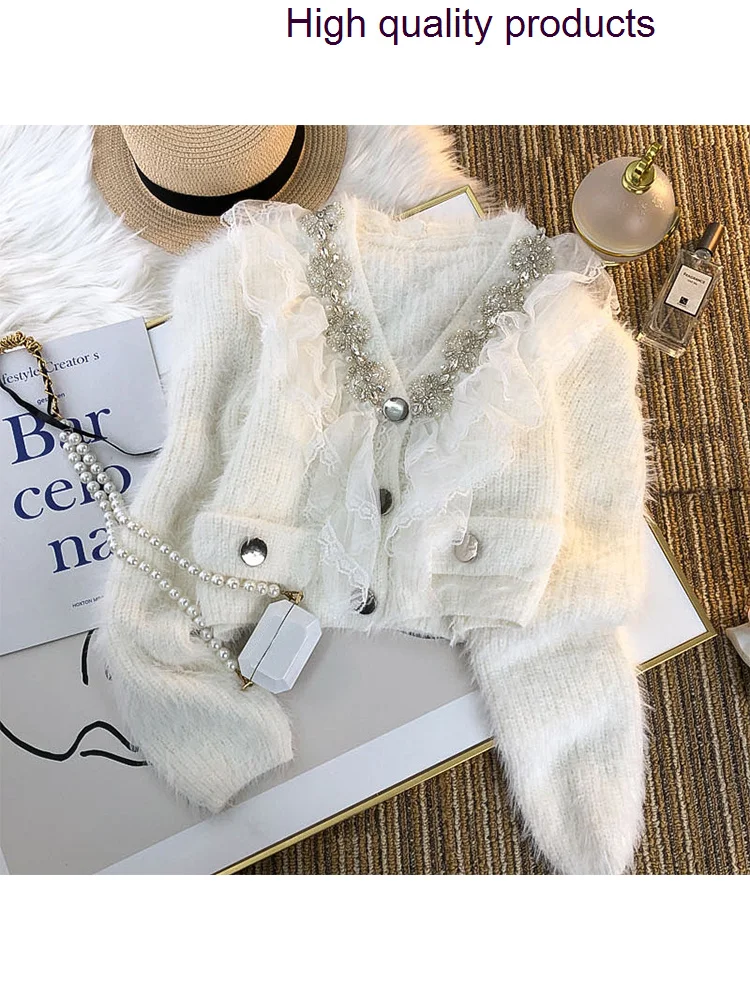 

French Women Sweet Autumn Patchwork Ruffled Diamond Lace Collar Fashion Short Gentle Knitted Cardigan Mink Wool Sweater