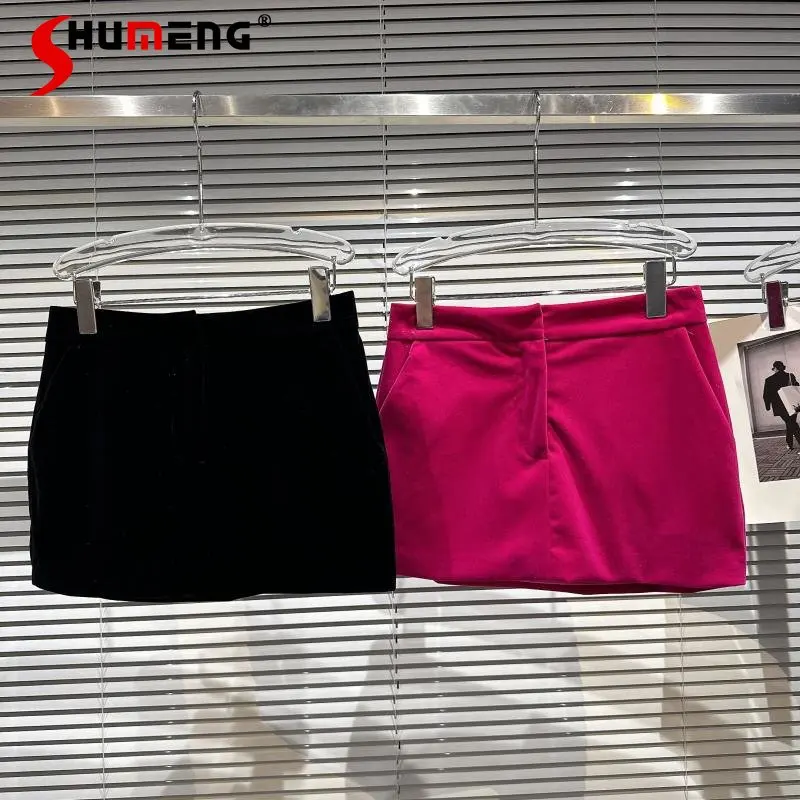 

2023 Spring and Summer New Celebrity Nightclub Hot Girl Short Skirt Washed Velvet Fabric Miniskirt Sexy Hip Skirt Female