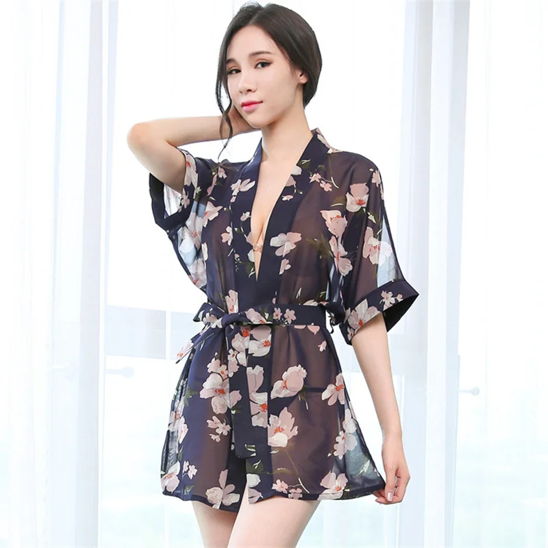 Sexy pajamas sexy lingerie transparent chiffon bathrobe nightdress print kimono uniform temptation pajamas deep v Short dress