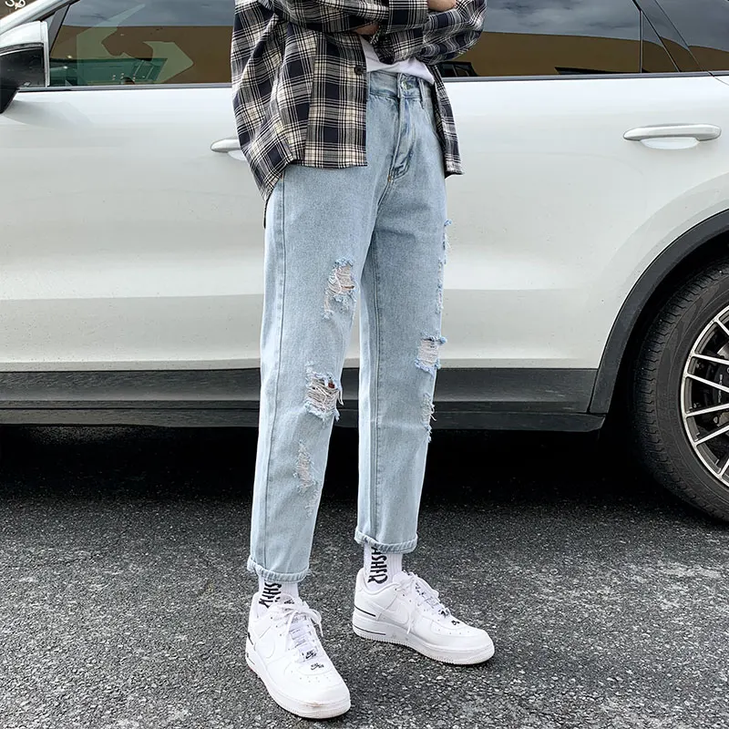 

2022 New Summer Hip Hop Ripped Jeans Trousers Slim Fit Jeans Men Streetwear Regular Distressed Denim Slim Fit Men's Pants