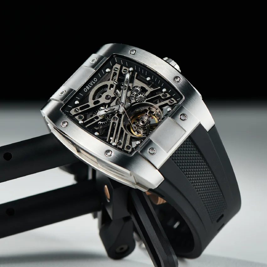 

Richard Original Men Automatic Mechanical Watch Sport Skeleton Luminous Wine Barrel Carbon Fiber Case Rubber Strap EM-ST