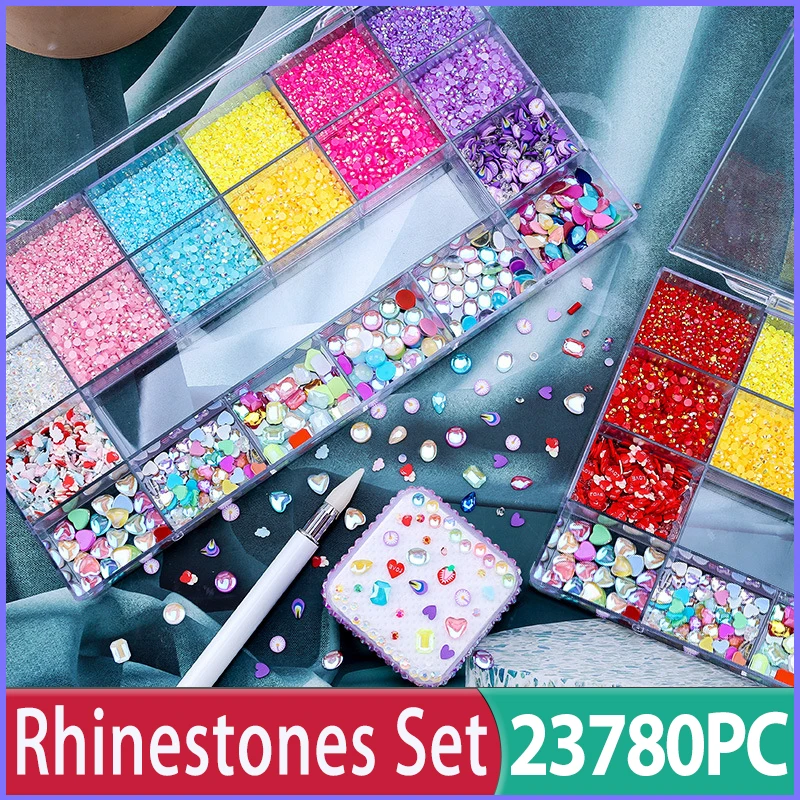 23780PC/Box 21 Grids Soft Ceramic Nail Rhinestones FlatBack Diamond Rhinestones Set Mixed Size Crystal Resin Nail Art Decoration