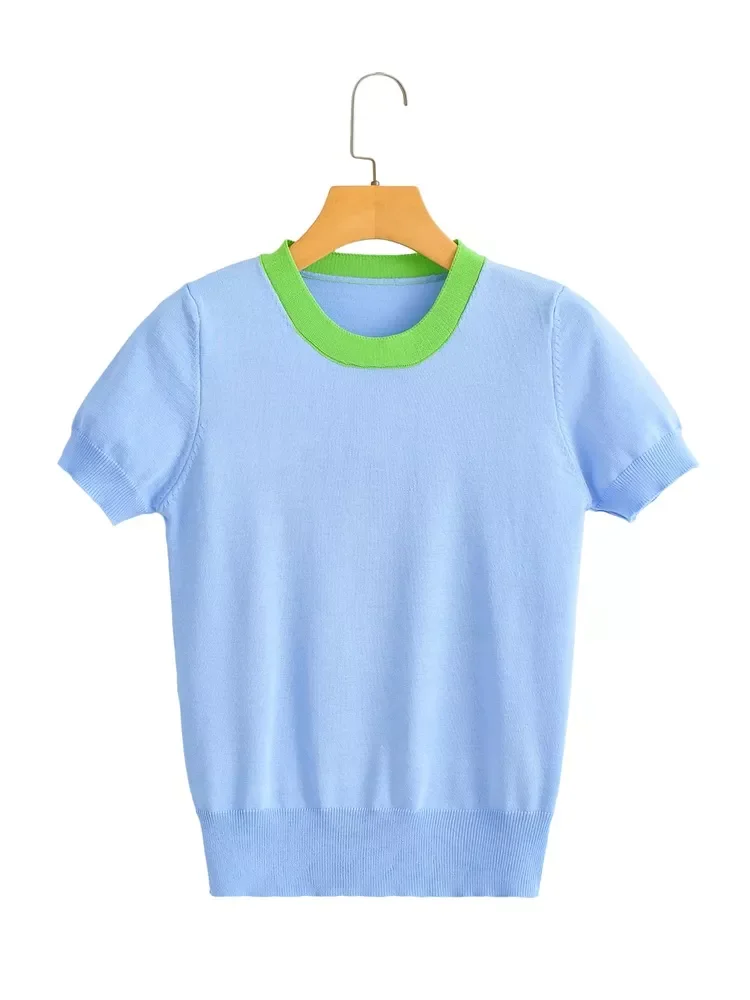 

Женский трикотажный свитер с круглым вырезом и коротким рукавом