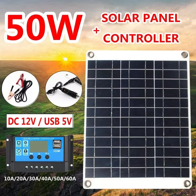 

50W Portable Solar Panel Kit 12V/5V Dual USB Solar Charger Waterproof Panel Solar Cells Phone Power Bank with 10A-60A Controller