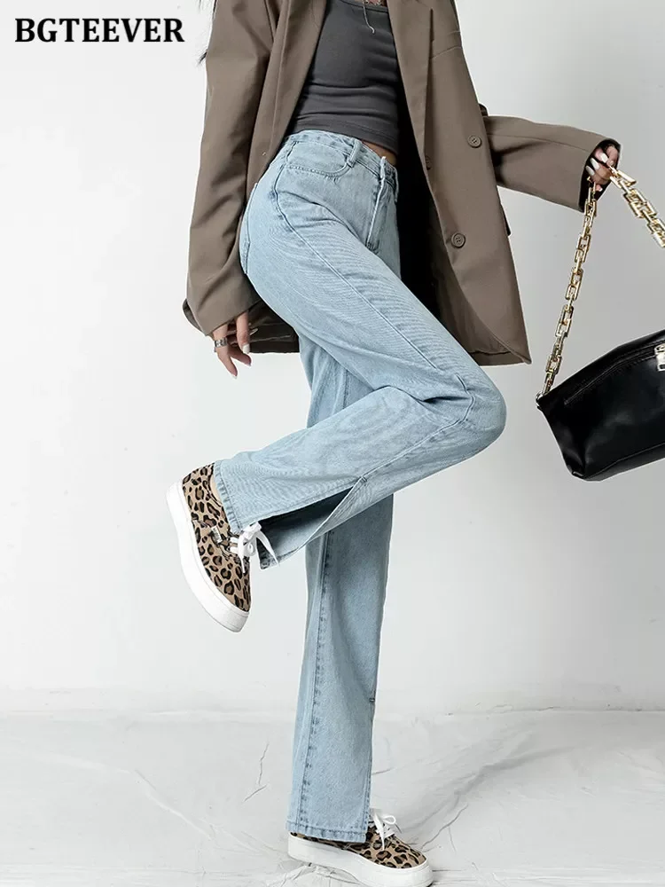 

2022New Chic Loose Pockets Women Long Jeans Pants High Waist Single Button Casual Split Female Flare Denim Trousers