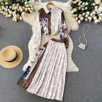 women fashion patchwork print shirt top pleated maxi skirt new 2022 spring autumn vintage long sleeve buttons ol 2 piece sets