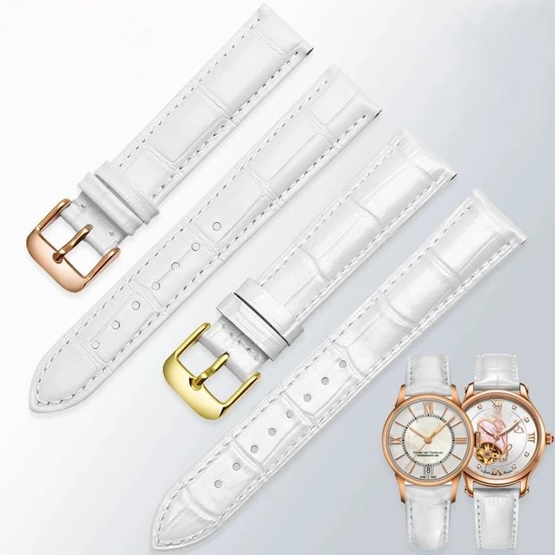 Фото Белый ремешок для часов Tissot Cartier DW 12, 14 мм, 15 мм, 16 мм, 17 мм, 18 мм, 20 мм, металлическая застежка из розового золота, ремешок для часов из натуральной кожи, женский. №1
