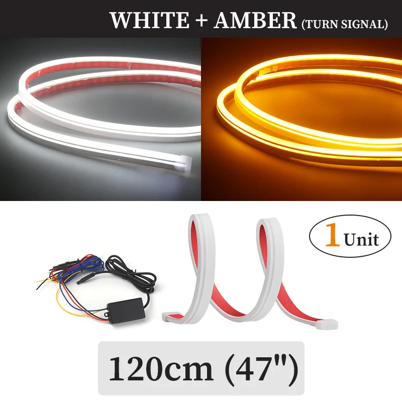 

Белая, янтарная, струящаяся 120 см, 150 см, 180 см, 200 см, 220 см, автомобильная световая лента, гибкие дневные ходовые огни DRL с указателями поворота, 12 В