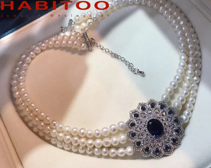 HABITOO Vintage 3 Rows 6mm Natural White Round Freshwater Pearl Choker Necklace Blue Crystal Zircon Flower Pendant for Women